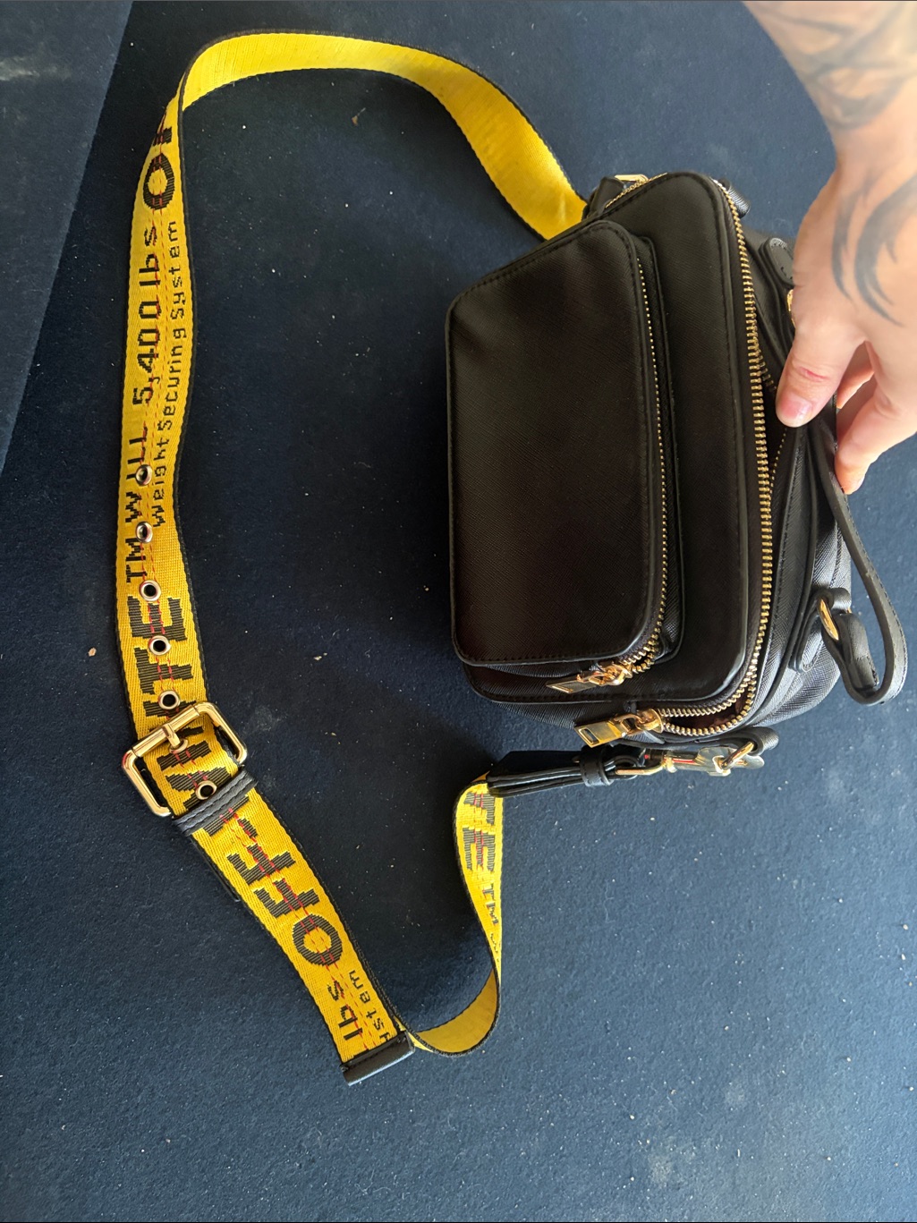 Off-White Black Leather Belt Bag With Yellow Branded Strap